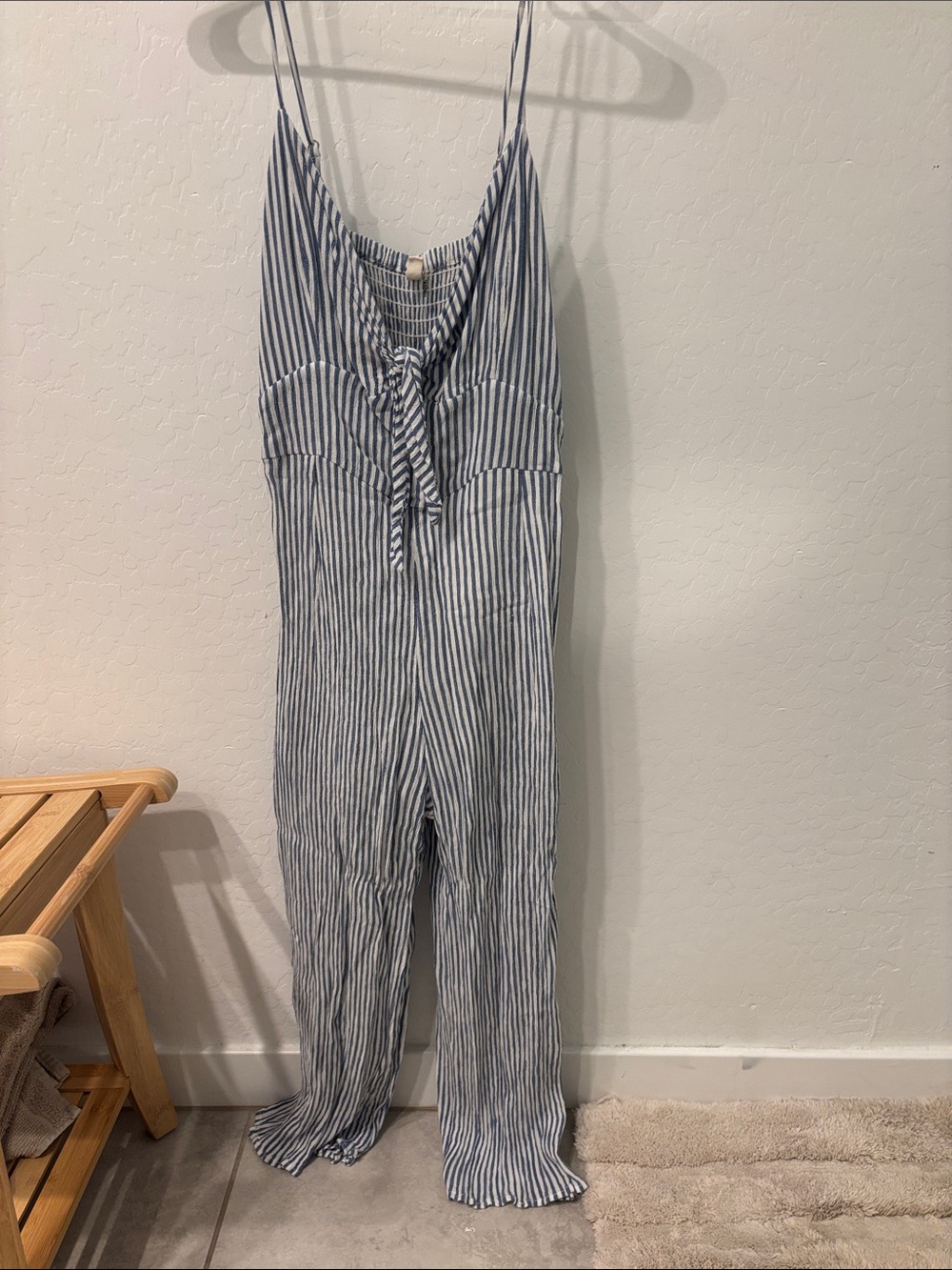 Striped Blue & White Women's Tie-Front Jumpsuit